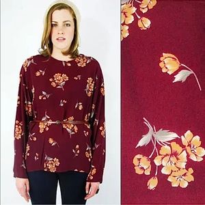 Vtg 90s Grunge Boho Burgundy Maroon Fall Floral Print Oversized Blouse Top 16 XL